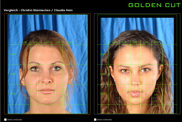 Wie lässt sich Schönheit messen? Software-Experten vermessen die Photos von den Schönheiten mit Winkeln und Koordinaten. Die gehen zurück auf das 13. Jahrhundert. Der Mathematiker Leonardo Fibonacci errechnete aus Beobachtungen in der Natur eine Formel für Schönheit: Das Verhältnis eins zu eins Komma sechs: Der goldene Schnitt. Nach dieser Lehre teilen die Programmierer das Gesicht ein: Drei Teile in der Länge, fünf in der Breite. Fünf durch drei ergibt eins komma sechs. Genauso verhält sich die Breite der Nasenflügel zu der des Mundes im Verhältnis: eins zu eins komma sechs. Im Idealfall. Auch den Körper unterteilen die Experten in Abschnitte: Fünf vom Fuß bis zum Bauchnabel, drei vom Bauchnabel bis zum Scheitel. Das Verhältnis kannte auch Leonardo da Vinci.